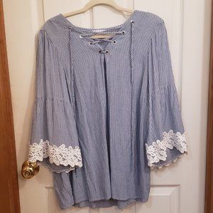 WESTPORT Blue Stripe Lace Up Blouse with Bell Sleeves (Women's 2x)